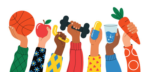 black and white health icons featuring sports, nutrition, and wellness items — basketball, dumbbell, fruits, pill, and water for healthy living