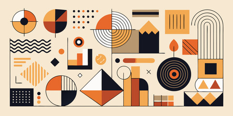 A poster featuring an array of colorful geometric shapes and intersecting lines on a white background..eps