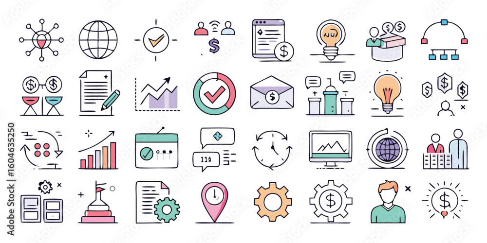 Poster set of line icons representing various business value concepts, including growth, efficiency, and in