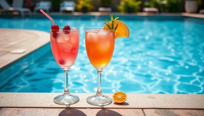 Refreshing cocktails by a sparkling pool, summer vibes,  tropical,  holiday