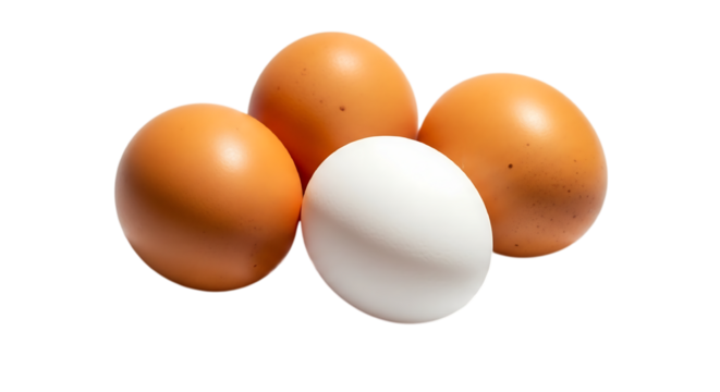 3d illustration of three brown eggs and one white egg on a transparent background