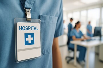 Close-up of hospital badge clipped to uniform, indicating staff credentials and professional roles in a clinical setting