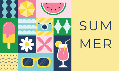 Geometric summer and travel banner template in flat minimalist style. Background for print, card, poster, flyer and landing page