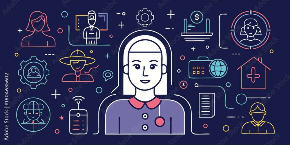 Poster a collection of icons representing various types of people, showcasing diversity in appearance and r