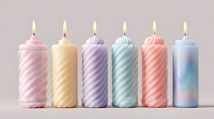 Row of colorful, decorative candles with warm light.
