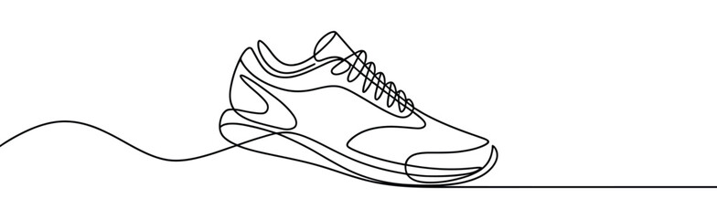 continuous line drawing of sneaker in black and white, minimalist one-line vector illustration representing fashion, footwear, and style