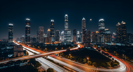 Night Cityscape: Stunning Aerial View Of Illuminated Skyscrapers And Traffic