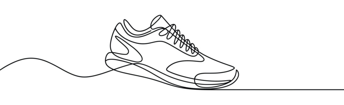 continuous line drawing of sneaker in black and white, minimalist one-line vector illustration representing fashion, footwear, and style