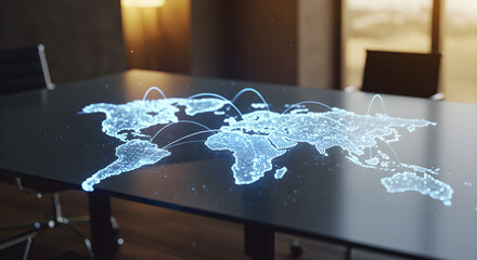 A glowing digital world map with network connections projected onto a dark conference room table.
