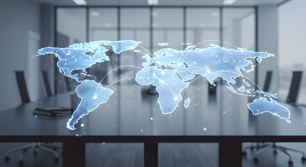 A glowing digital world map hologram with network connections floats above a modern conference room table.