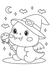 Coloring book dragon in a witch costume with a lollipop.