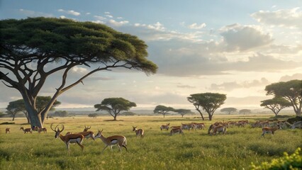 A herd of giraffes grazes in the vast African savannah at sunset, silhouetted against a dramatic sky with scattered clouds, alongside a distant tree, zebra, and wildebeest