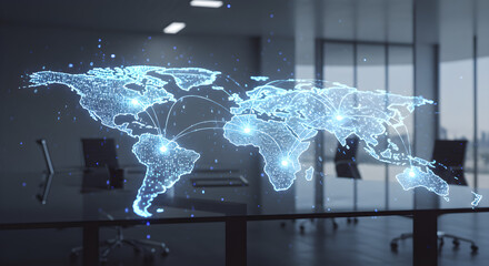 A glowing digital world map hologram with network connections floats above a conference room table.