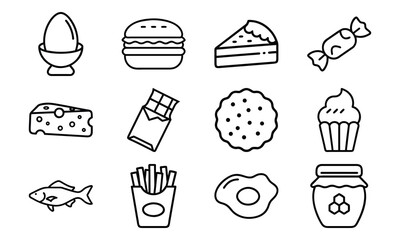 Simple Line Art Food Icons – Egg, Burger, Cheese, Chocolate, Cupcake, Cookie, Candy, Fish, Fries, Jam, Cake, and Breakfast Symbols for Culinary and Nutrition Design