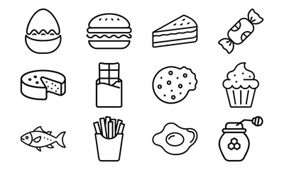 Simple Line Art Food Icons – Egg, Burger, Cheese, Chocolate, Cupcake, Cookie, Candy, Fish, Fries, Jam, Cake, and Breakfast Symbols for Culinary and Nutrition Design