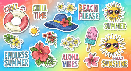 Fototapeta premium Cheerful summer themed sticker collection against a vibrant gradient background