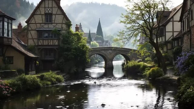 Stone arch bridge over a reflective river in an ancient European landscape under a clear sky cinematic video footage