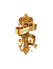 Isolate Transparent, Elegant Welcome Sign with Gold Ribbon and Floral Decorations, PNG Die-Cut For Advertising