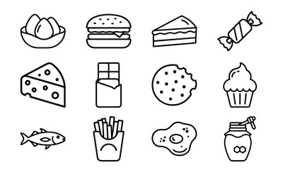 Simple Line Art Food Icons – Egg, Burger, Cheese, Chocolate, Cupcake, Cookie, Candy, Fish, Fries, Jam, Cake, and Breakfast Symbols for Culinary and Nutrition Design