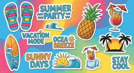 Colorful summer themed stickers set, featuring tropical elements and vacation slogans to inspire