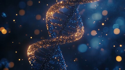 Glowing Dna Molecule Strands on Dark Blue Bokeh Background