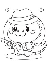Coloring book dragon detective with a hat and gun.