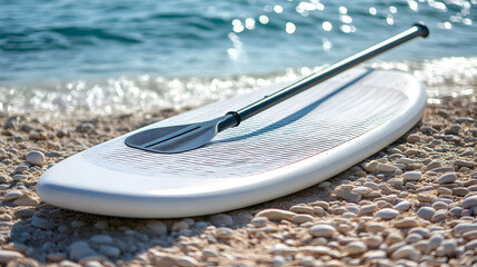A paddleboard and paddle resting on a rocky beach near the ocean.