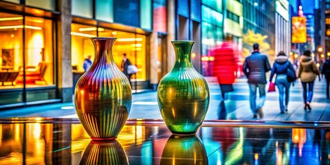 Serene Vases Amidst Blurred City Crowds: Solitude in Urban Chaos