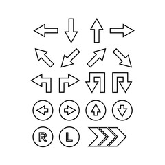 Linear arrow icon pack. Thin vector maxi-line, up-right arrow, horizontal arrow, right, diagonal left chevron, left, toggle icons suitable for app and website UI design.