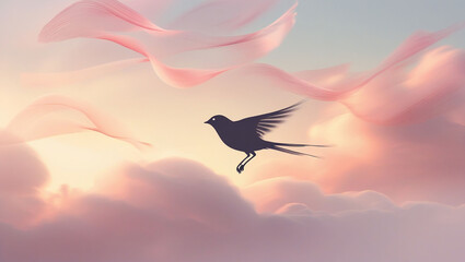 Fototapeta premium Silhouette bird flying pink clouds sky dreamy ethereal peaceful serene nature wallpaper background art