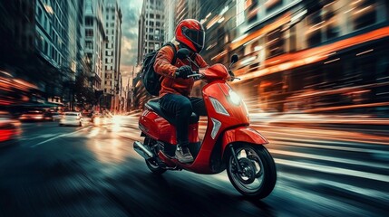 Motorcycle courier speeding through urban streets with a dynamic background.