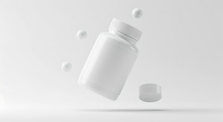 Floating White Supplement Jar Mockup with Cap on Bright Background/.