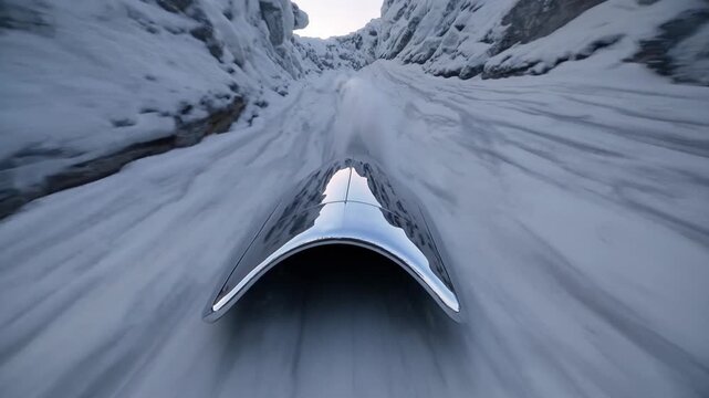 Sleek bobsleigh racing down frosty track, revealing intense speed and athletic prowess during competitive winter sport with high energy, first person perspective