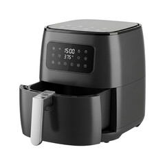 Modern black air fryer with digital display and silver handle on Transparent Background