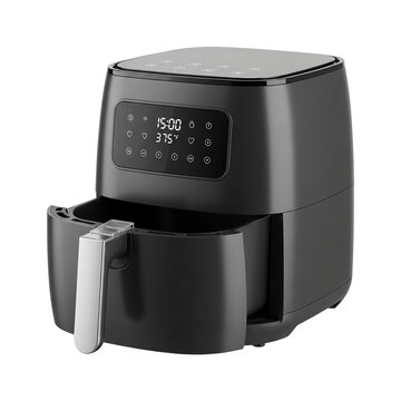 Modern black air fryer with digital display and silver handle on Transparent Background