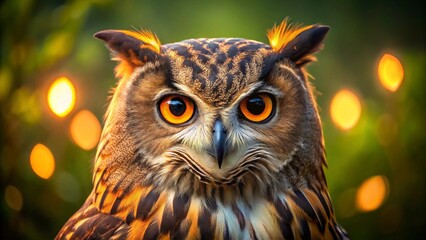 A captivating portrait of a great horned owl, its wise yellow eyes fixed, showcasing its majestic feathers as a true bird of prey in wild nature