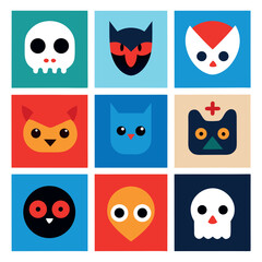 Flat Illustration of Nine Halloween Masks for Design Purposes