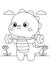 Coloring book dragon lifting weights as a bodybuilder.