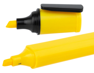  Opened Yellow Highlighter with Exposed Chisel Tip and Cap Placed Beside, Isolated PNG