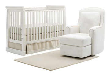 Dreamy nursery scene with white crib and cozy glider, perfect for baby's first moments of peace and comfort