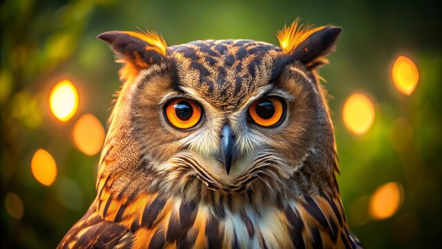 A captivating portrait of a great horned owl, its wise yellow eyes fixed, showcasing its majestic feathers as a true bird of prey in wild nature - Powered by Adobe