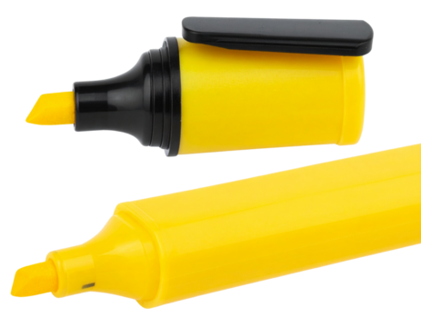  Opened Yellow Highlighter with Exposed Chisel Tip and Cap Placed Beside, Isolated PNG