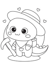 Coloring book cute dragon miner holding a pickaxe.