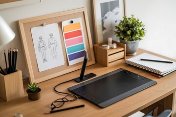 Creative designer's workspace featuring a digital drawing tablet, sketches, color swatches, and art supplies, inspiring innovation.