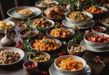 Obraz premium Festive holiday feast table setting with a variety of delicious dishes