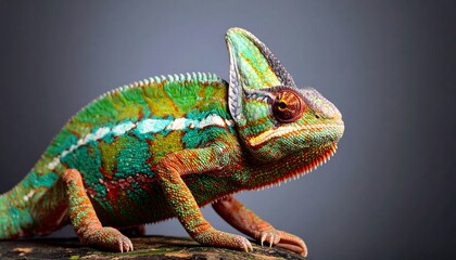 Vibrant chameleon portrait on a dark background