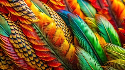 A vibrant array of colorful bird feathers creates a seamless natural pattern with a delicate texture on various backgrounds