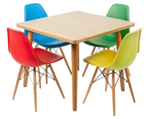 Modern dining set with colorful chairs around a table, ideal for a vibrant and playful interior design