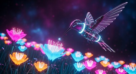 A neon hummingbird visits glowing flowers in a cyberpunk scene