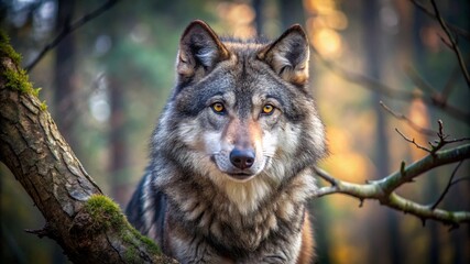 A striking portrait of a wild gray wolf, Canis lupus, in its natural forest habitat, highlighting its fur and predatory gaze